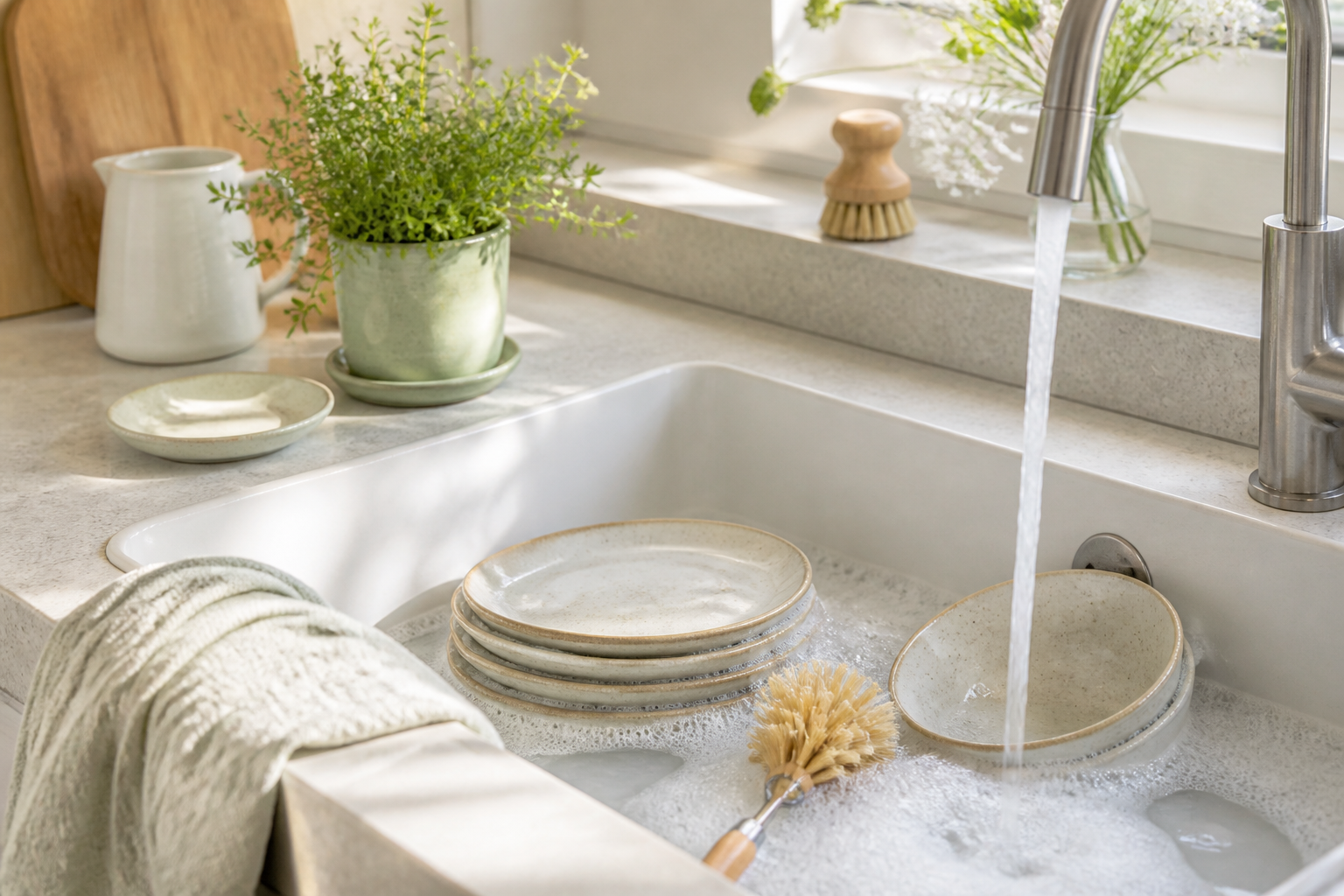Afwassen met helder water, keramische borden en een houten afwasborstel