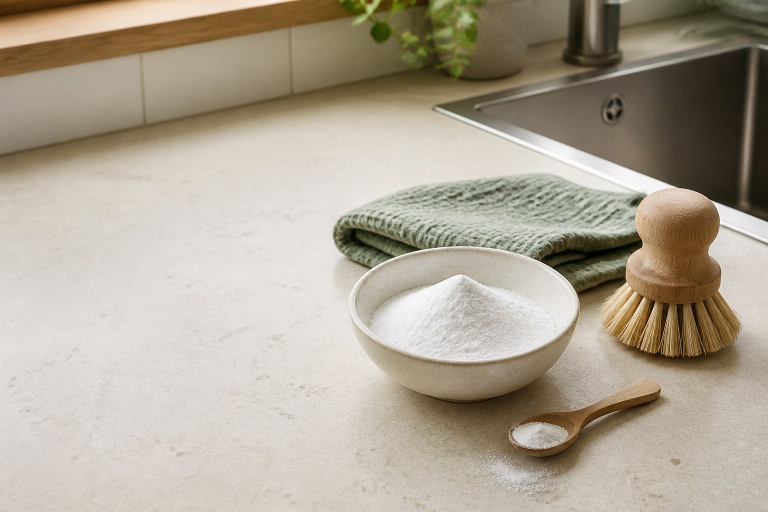 Schaaltje met baking soda, schoonmaakdoek en borstel bij de gootsteen