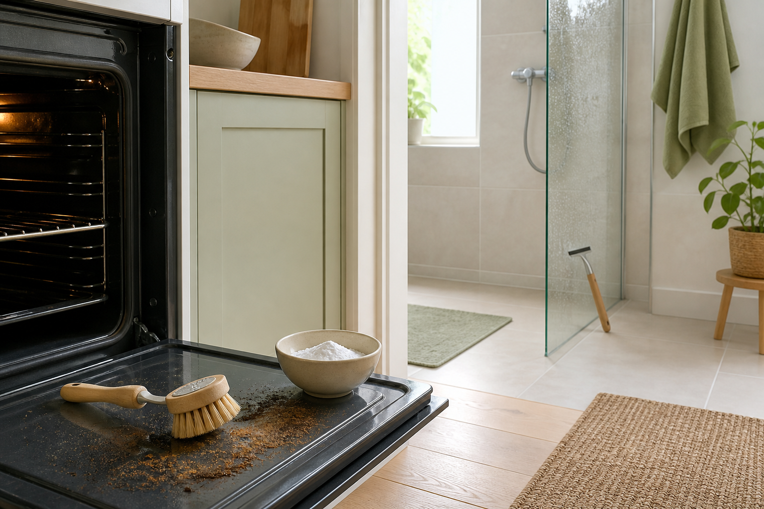 Oven en douche met schoonmaakspullen in een licht interieur
