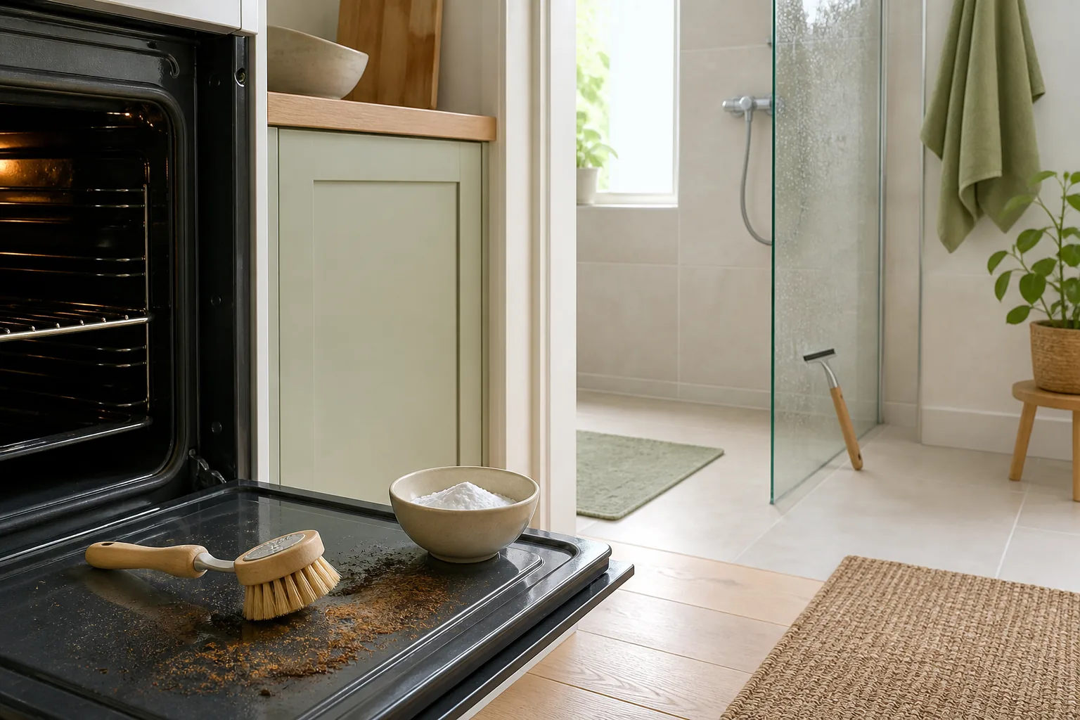 Oven en douche met schoonmaakspullen in een licht interieur