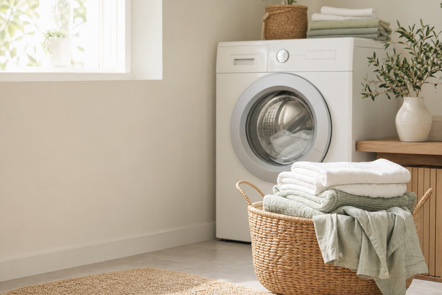 Wasruimte met wasmachine, wasmand en opgevouwen handdoeken