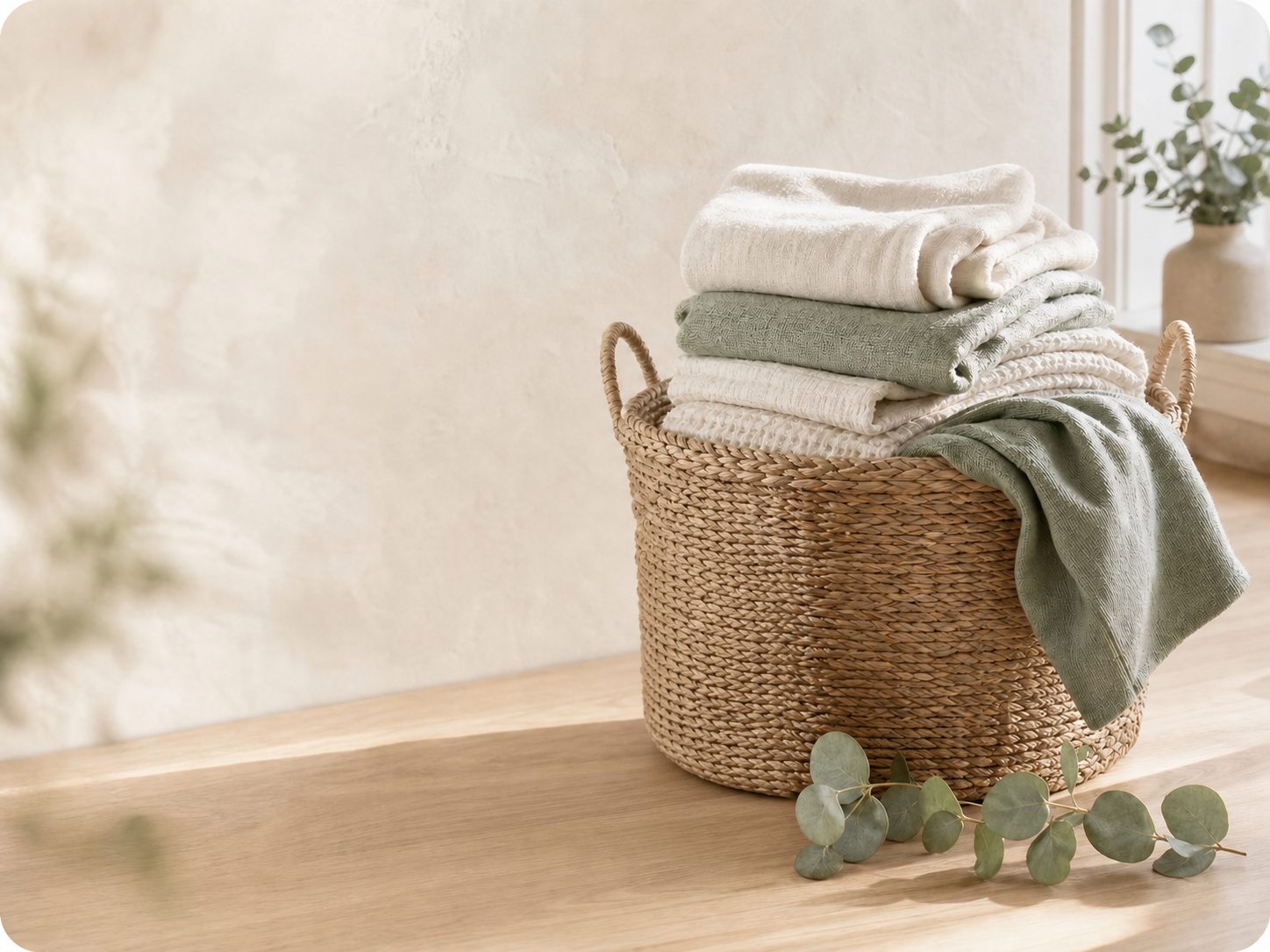 Wasmand met schone handdoeken in een lichte ruimte
