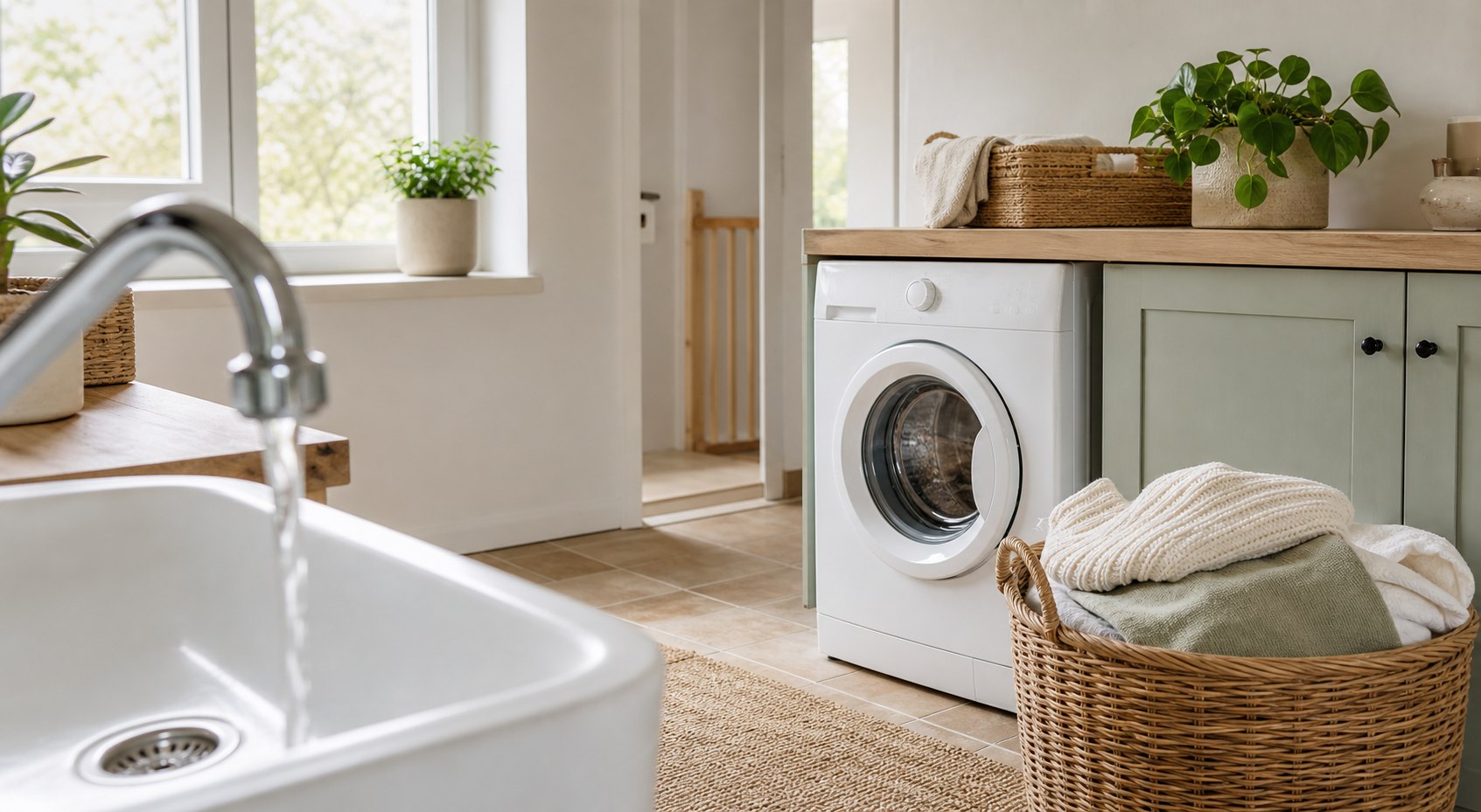 Wasmachine en afvoer in een lichte bijkeuken