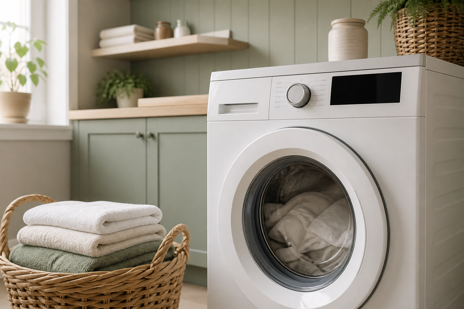 Moderne wasmachine in een rustige wasruimte