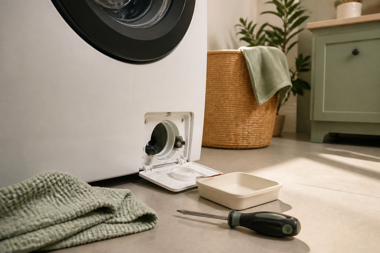 Open filter van een wasmachine met gereedschap